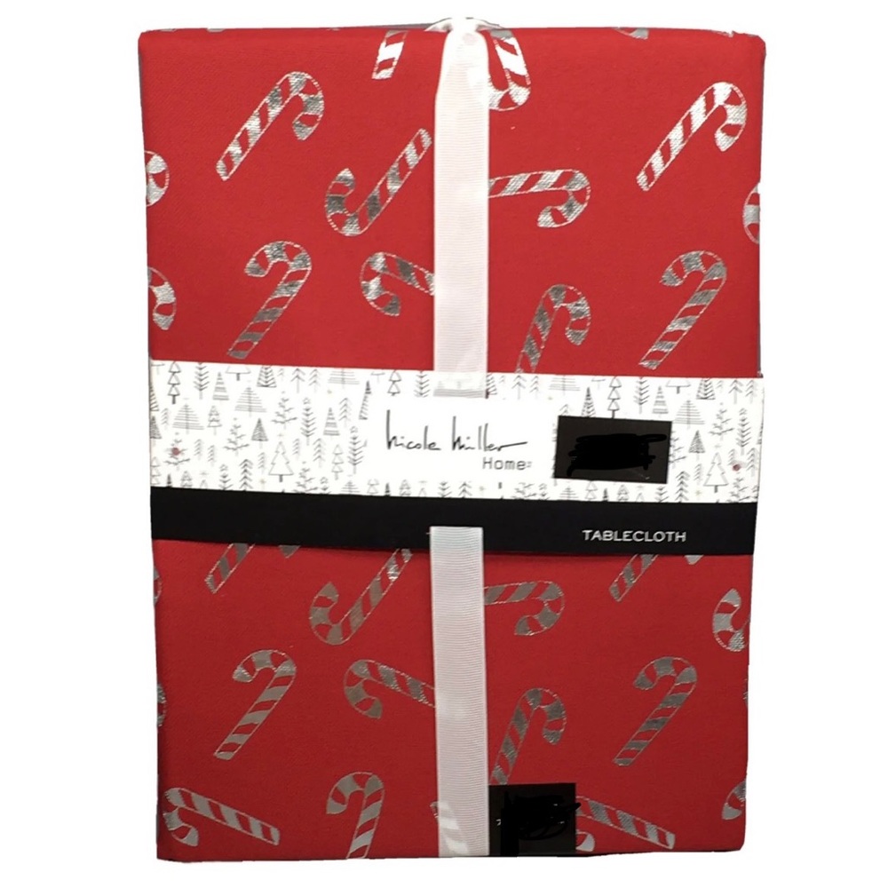 Nicole Miller Candy Cane Tablecloth Christmas Holiday Red Silver Foil 60x104”